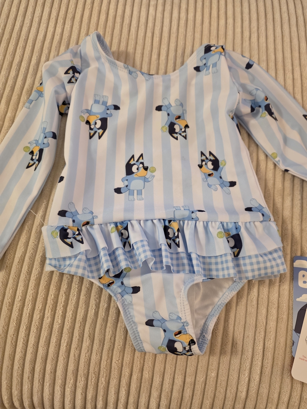 Blue Striped Long-Sleeve Kids One-Piece Swimsuit with Puppy Print